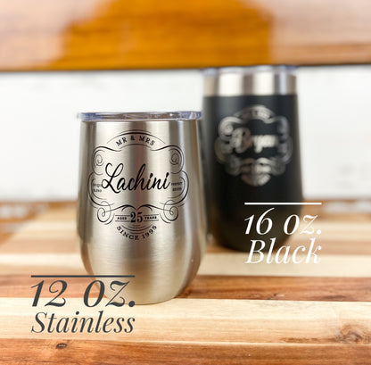 Perfect 10th Anniversary Gift! Personalized Anniversary Wine Tumblers in Stainless Steel