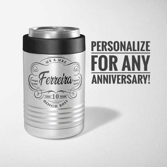 Awesome 10th Anniversary Gift! Personalized Anniversary Can Coolers in Stainless Steel